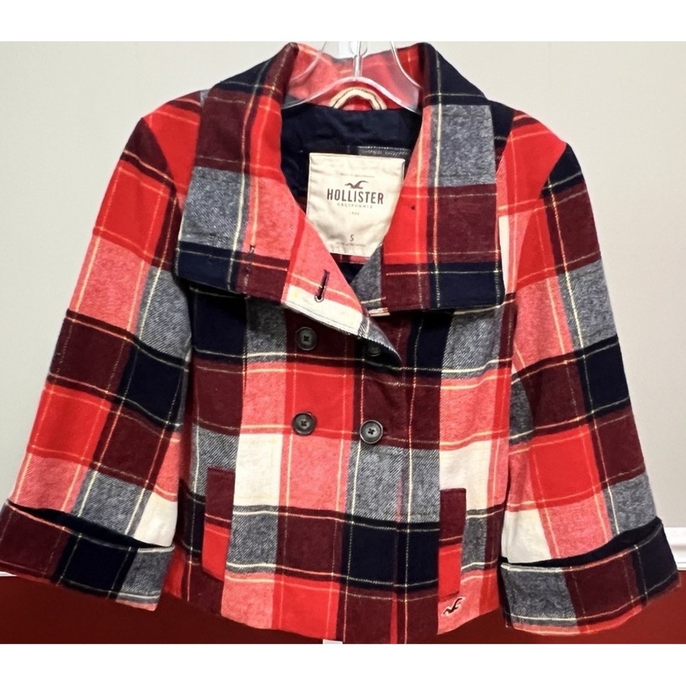 Hollister Peacoat Jacket Red Blue Plaid Wool Blend‎ Womens Small